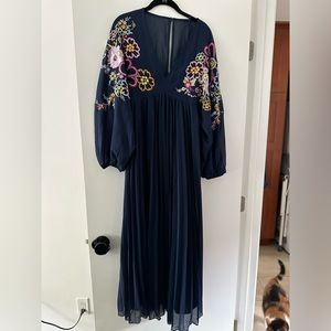 ASOS DESIGN Maternity v front baby doll pleated embroidered midi dress in navy